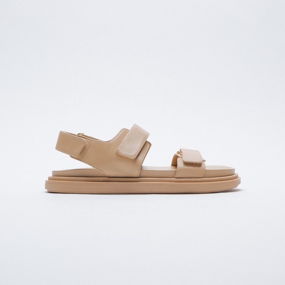Zara adhesive strap low heel leather sandals beige NWT - Picture 2 of 6